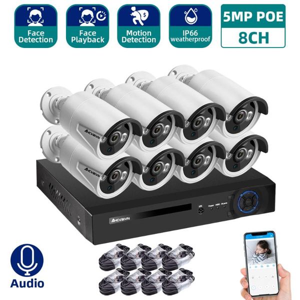 

h.265 8ch 5.0mp audio poe ip camera system outdoor ir-cut cctv video surveillance recorder kit face-recording wireless kits