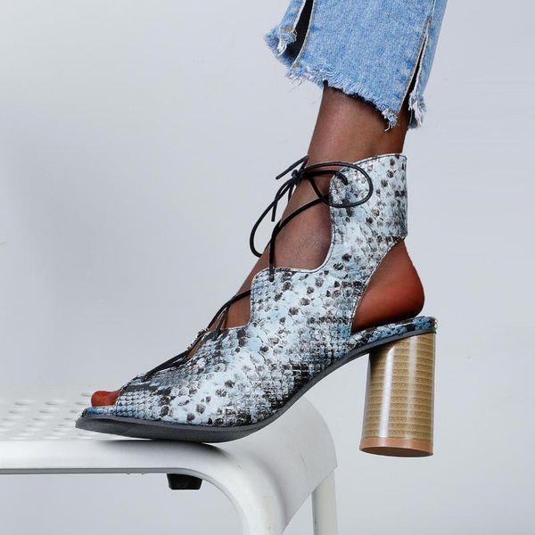 

sandals wave-edge roman style cross strap fish mouth snake print lace-up ultra-high round heel breathable denim shoes, Black