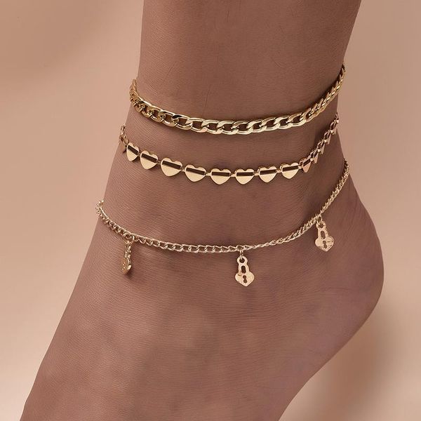

anklets 3 pcs/set women set simple lock heart hollow geometric pendant gold anklet fashion birthday party female jewelry, Red;blue