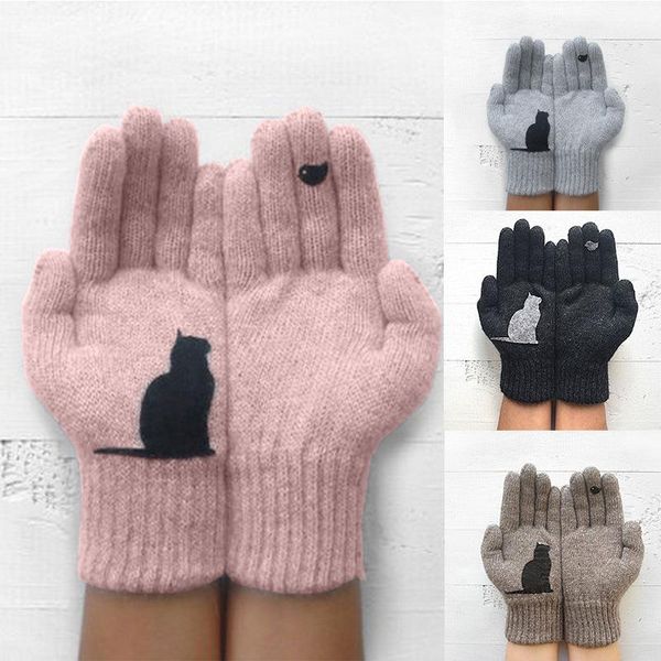 

five fingers gloves 2021 women lady winter warm cute animal cat printed knitted thermal mittens female full finger gift, Blue;gray
