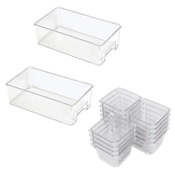 

big deal 16 pcs clear plastic drawer organizer tray, 2 36.1 x 20.4 11.1cm & 14 7.6x7.6x5.1cm storage bottles jars