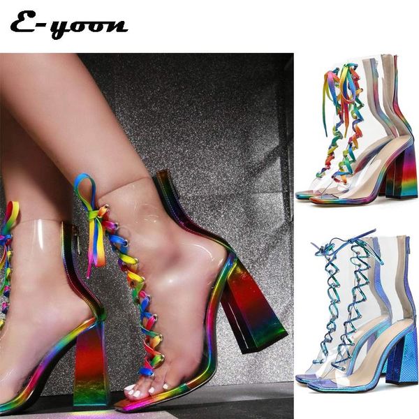 

sandals 2021 summer fashion rainbow color cross strap peep toe thick heel women's shoes plus size fish mouth roman, Black