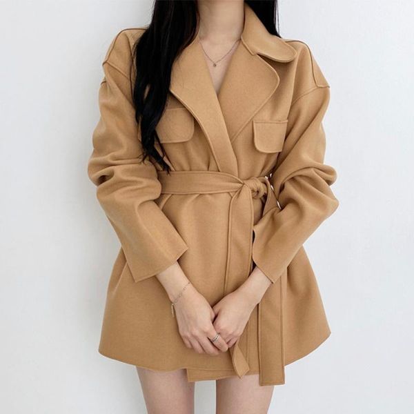 

women's wool & blends [ewq] korea autumn winter temperament elegant cross lapel lace up waist solid color short long sleeve woolen coat, Black