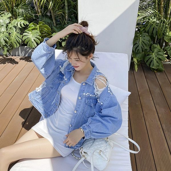 

autumn ripped holes jean jacket women vintage long sleeve denim jacket loose streetwear pearl jacket plus size basic coats 210514, Black;brown