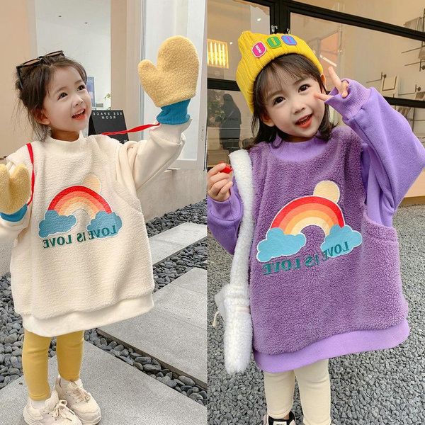 

hoodies & sweatshirts girls sweater rainbow lamb cashmere plus velvet thick long jacket children toddler winter sleeve pullover coats, Black