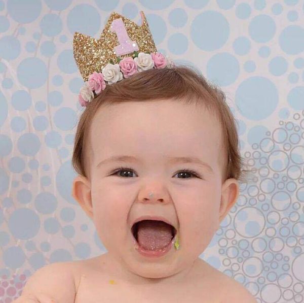 Детский ребенок день рождения вечеринка корона крышка цветок торт золотые блестки украшения