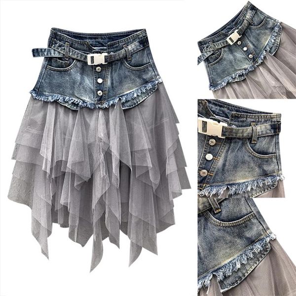 

skirts hirigin 2021 denim mesh layer splicing skirt women ladies high waist casual button waistband decoration stylish midi, Black