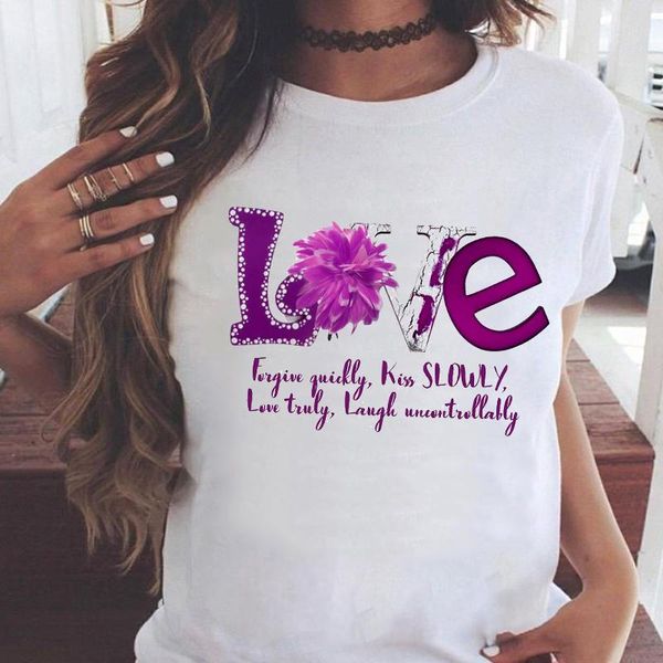 

women's t-shirt women lovely floral flower letter 90s printing summer short sleeve casual fashion print sweet clothes tees tshirt, White