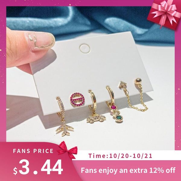 

hoop & huggie 925 sterling silver colored zircon car airplane earrings female creative cute hoops 6-piece set, Golden;silver