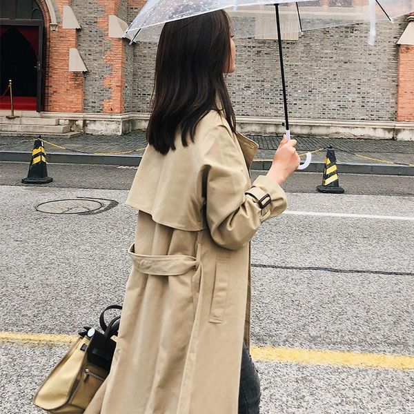 

women's trench coats spring autumn windbreaker women coat 2021 khaki casual loose long female outerwear an010, Tan;black