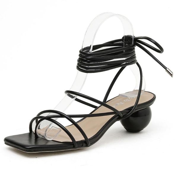 

sandals ankle strap strappy square toe narrow band strange ball bottom high heels for women roman fashion shoes woman 2021, Black