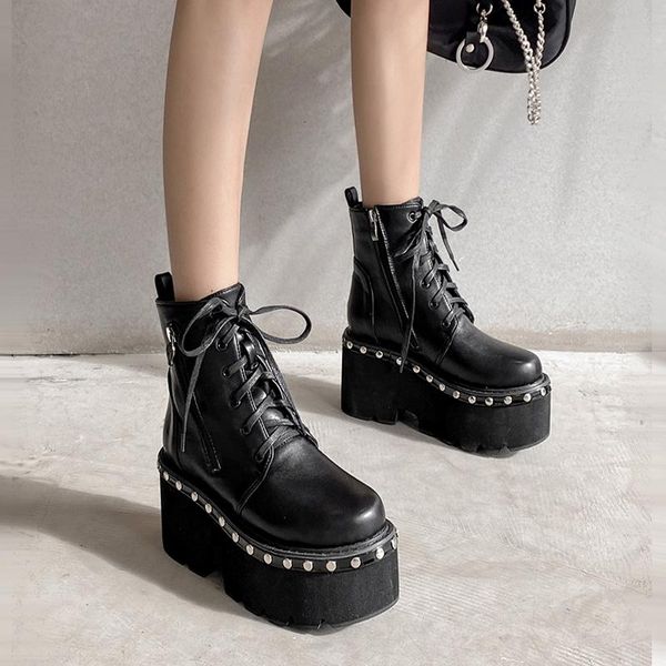 

boots women motorcycle shoes demonia botas militares mujer rivet platforms leather oxford woman high heels ymb348-1, Black