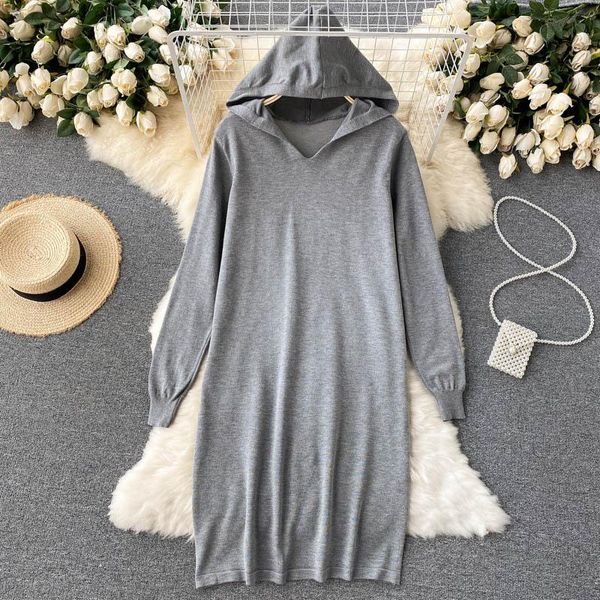 

casual dresses gagaok preppy style dress women 2021 spring autumn hooded straight solid midi loose wild fashion vestidos, Black;gray