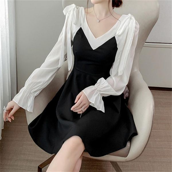 

casual dresses women elegant patchwork mini dress v neck sweet style female chic 2021 autumn women's clothing qa207, Black;gray