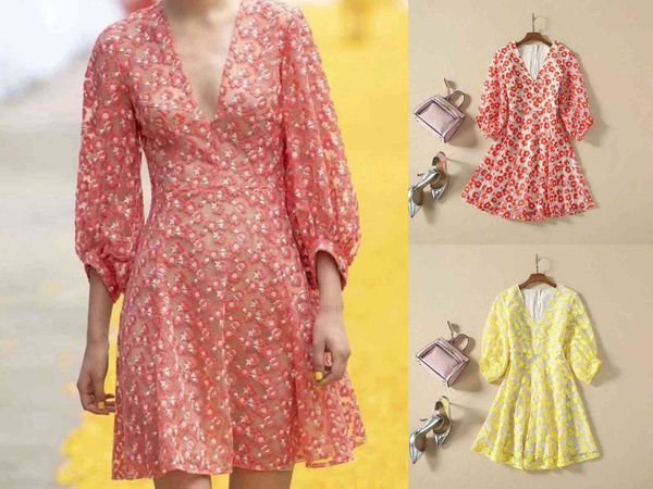 

runway dresses european and american high-quality catwalk style v-neck flower embroidery waist lantern sleeve dress lxi2, Black