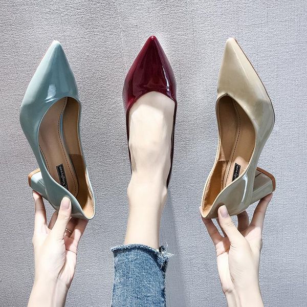 

spring autumn patent leather chunky heels dress shoes woman high ol office lady basic pumps ladies 76c98, Black
