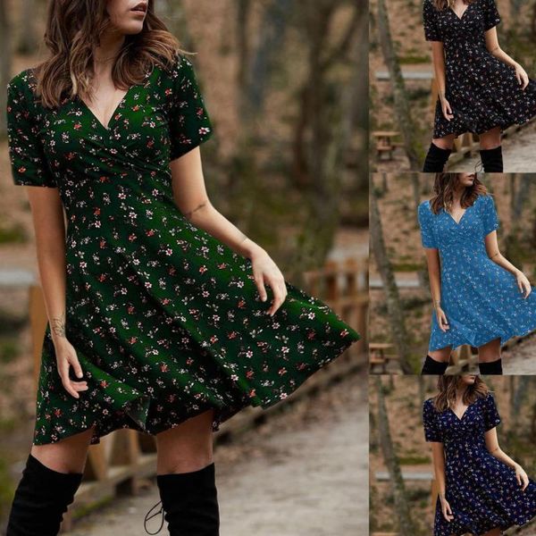 

casual dresses vintage floral print mid rise dress summer slim for daily wear, Black;gray