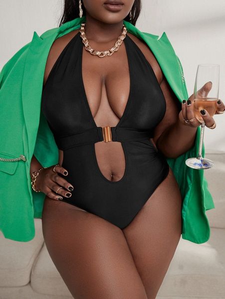 

sxy plus cut out plunging one piece swimsuit b3is#, Black