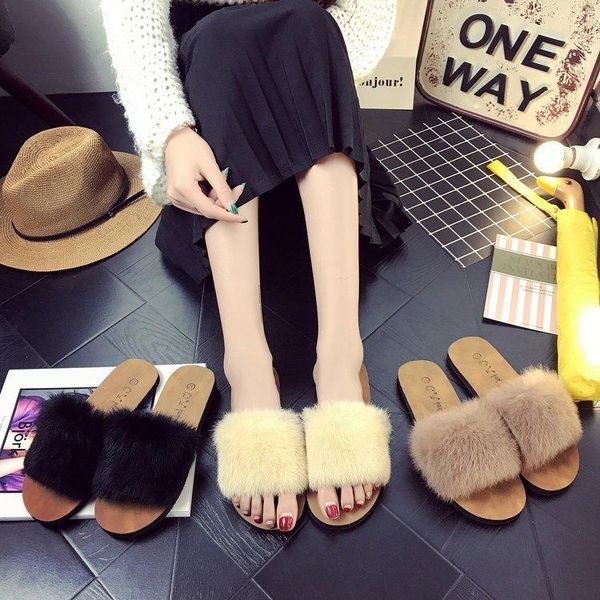 

sandals women's furry slippers platform fashion wear flat wholesale, Black