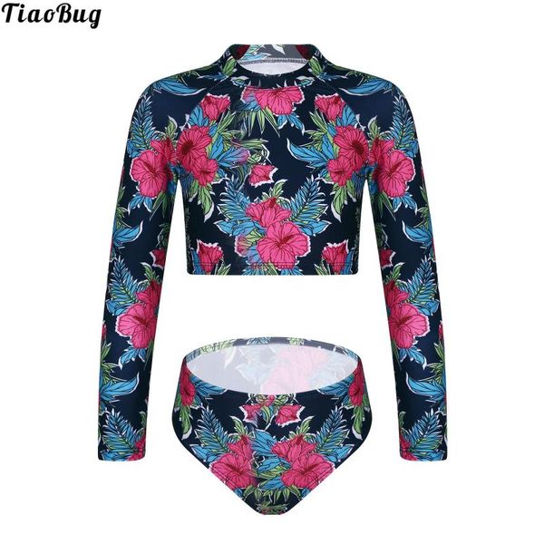 

one-pieces tiaobug 2pcs kids girls floral print swimming suit round neck long sleeves cropped and briefs beach swimwear bathing suits, Black