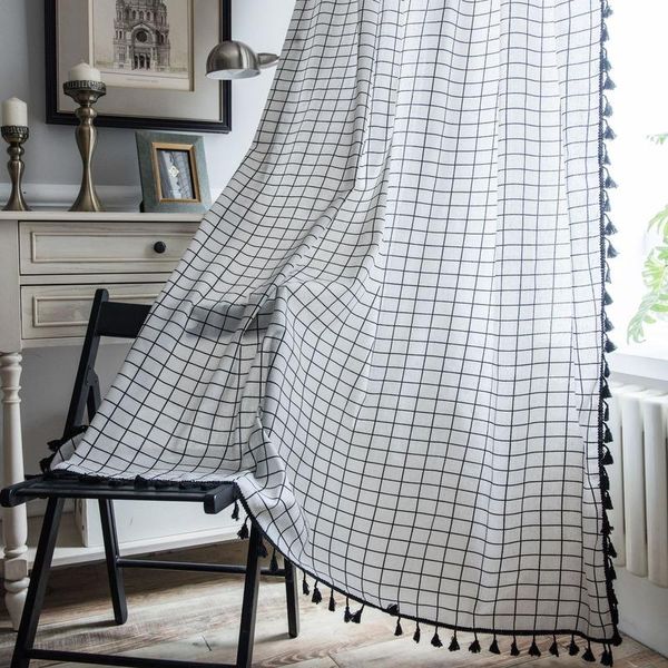 

curtain finished white check printing tassel american small window kitchen cotton linen semi shading bay & drapes