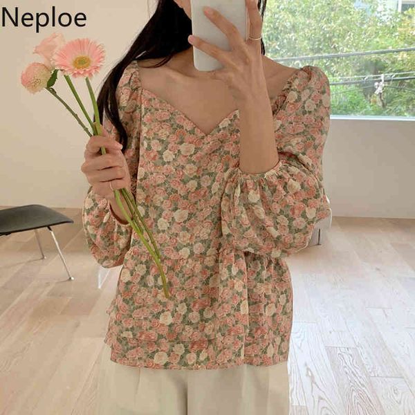 

neploe chic floral blouse women korean puff sleeve loose elegant shirts vintage v neck print temperament sweet fashion 210422, White