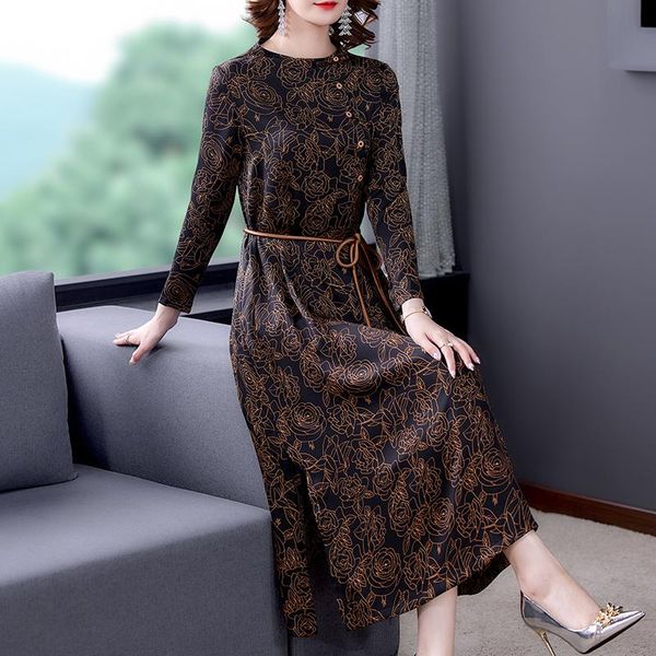 

casual dresses vintage print midi dresses2021 spring autumn mulberry silk satin long sleeve dress l-5xlwomen elegant slim party vestidos, Black;gray