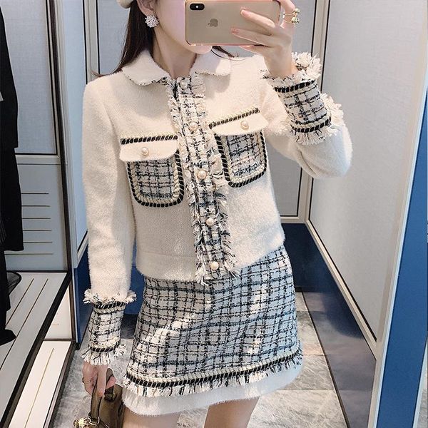 

two piece dress 2021 winter two-piece faux mink cashmere patchwork tweed set woolen tassels trim pearl pocket jacket coat + mini plaid skirt, White