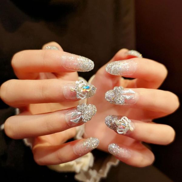 

false nails 24pcs bling - crystal diamond accent long coffin press on, Red;gold