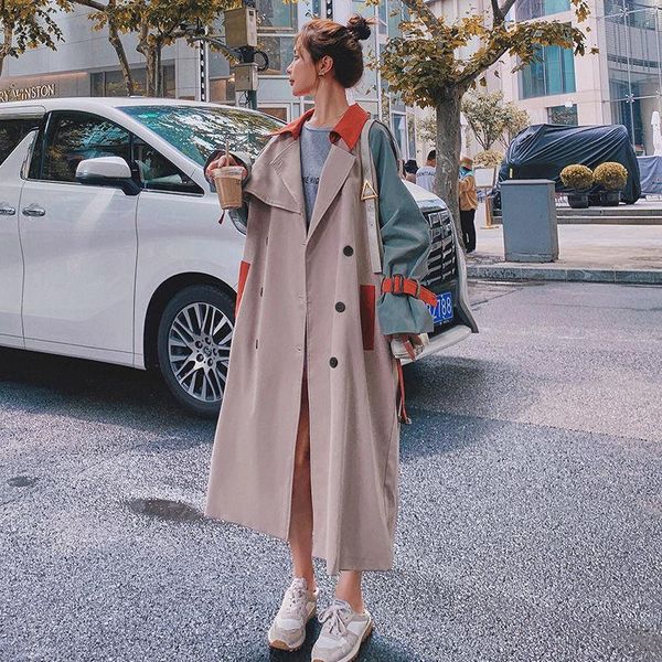 

large size women stitching contrast color trench coats windbreaker mid-length british style autumn slimming coat, Tan;black