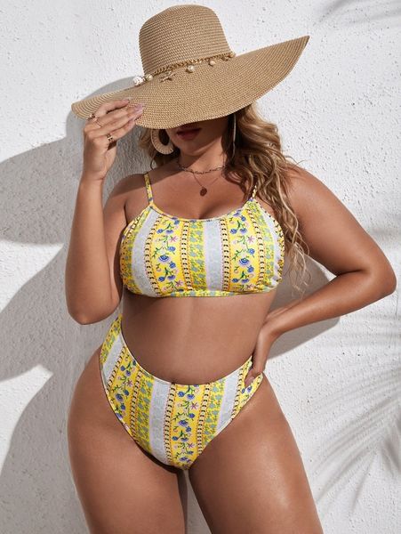 

plus floral print high waisted bikini swimsuit p7ak#, Black