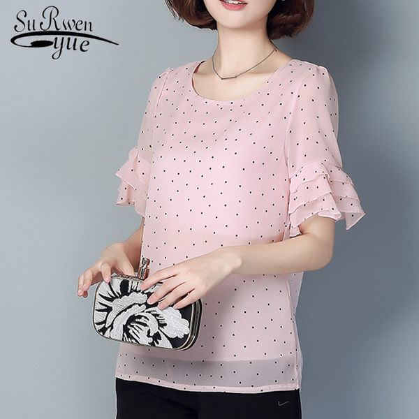 Женская шифоновая блузка с коротким рукавом плюс размер 4xL 5XL в горошек точка топная повседневная рубашка Femme одежда розовый белый 4010 50 210427