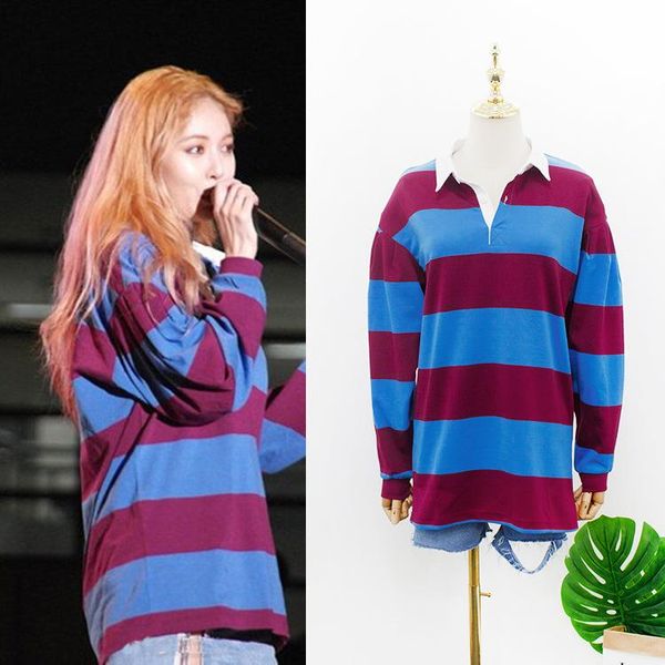

women's hoodies & sweatshirts kpop 4minute kim hyun a same ladies stripe lapel button long sleeve pullover fashion patchwork women clot, Black