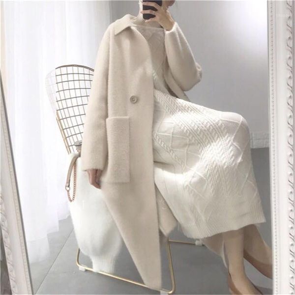 

women's knits & tees 2021 autumn winter women fashion loose casual oversize sweaters beige cashmere long cardigan jacket chic wool warm, White