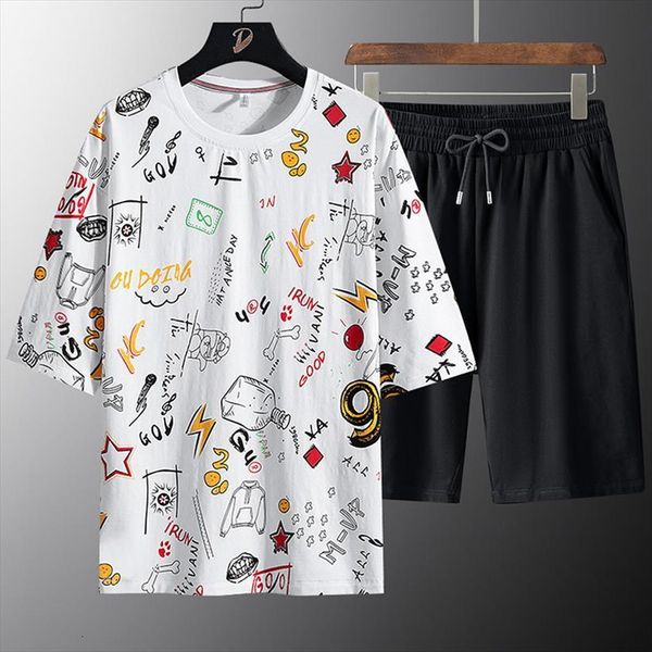 

summer style cotton printed short men tracksuits sleeved t shirt trendy loose sports five point pants casual suit, Gray