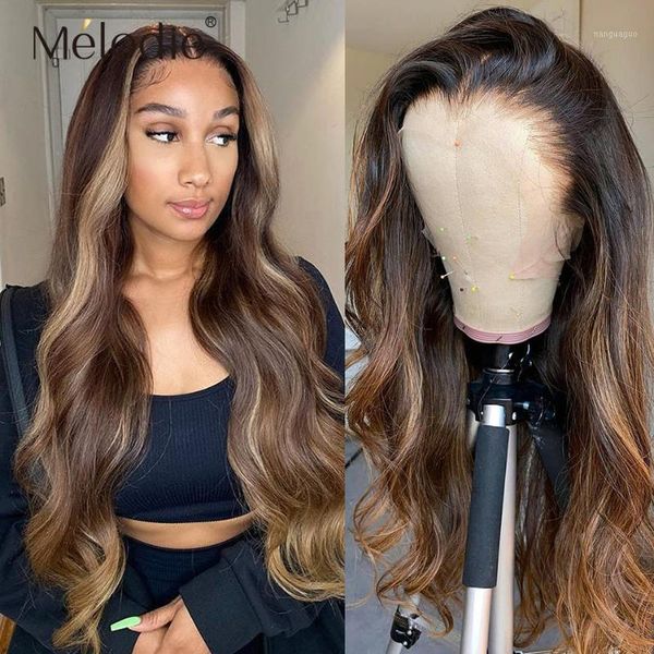 

4/27 highlight ombre blonde body wave lace front human hair wigs for black women 13x1 t part glueless brazilian remy wig1, Black;brown