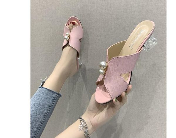 

slippers women's 2021 summer korean fashion pearl fish mouth thick heel wear high sandals, Black