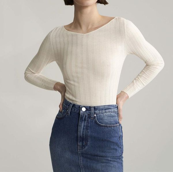 

women's sweaters [elfstyle] - fashion wool silk cashmere blend knit ribbed boat neck long sleeves fitted jersey jumper pullovers, White;black