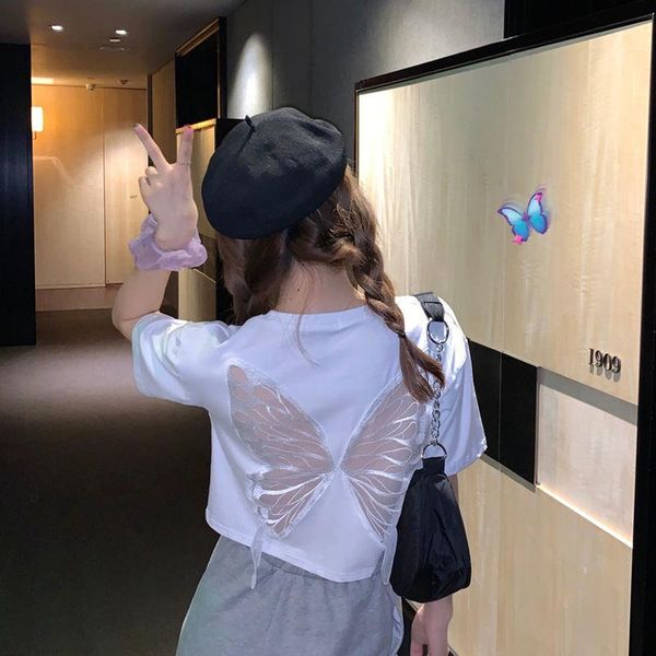 

women's t-shirt summer women female elegant butterfly hollow out short sleeve tees ladies loose casual t-shirts y2k top, White