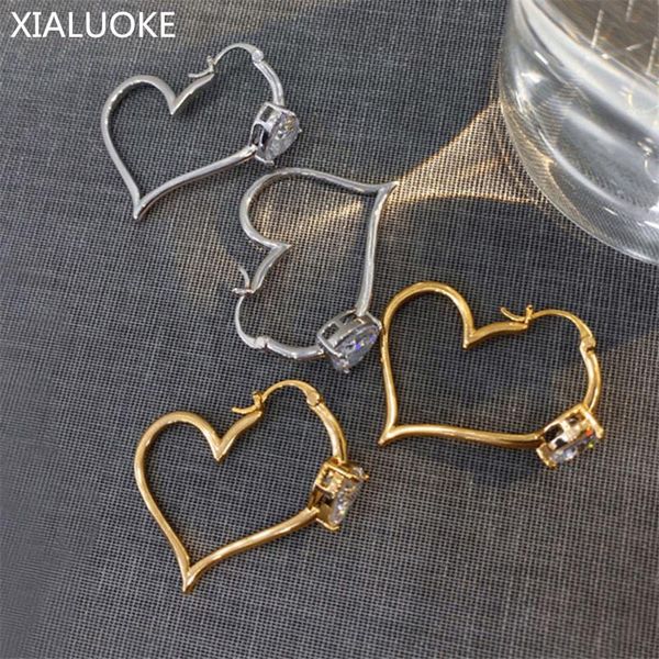 

hoop & huggie xialuoke luxury metal heart crystal zircon earrings for women delicate elegant personality party jewelry, Golden;silver