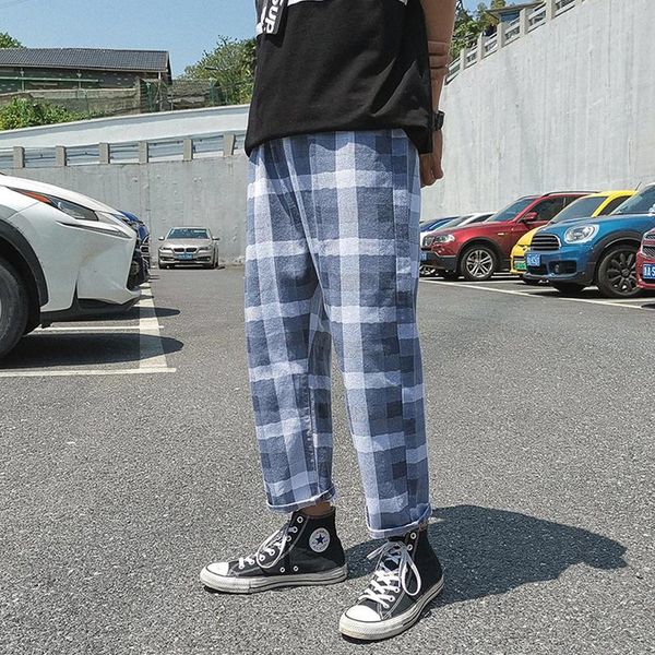 

men's jeans plaid korean version of the summer ankle -length loose youth all-match trend wide-legged casual pants, Blue