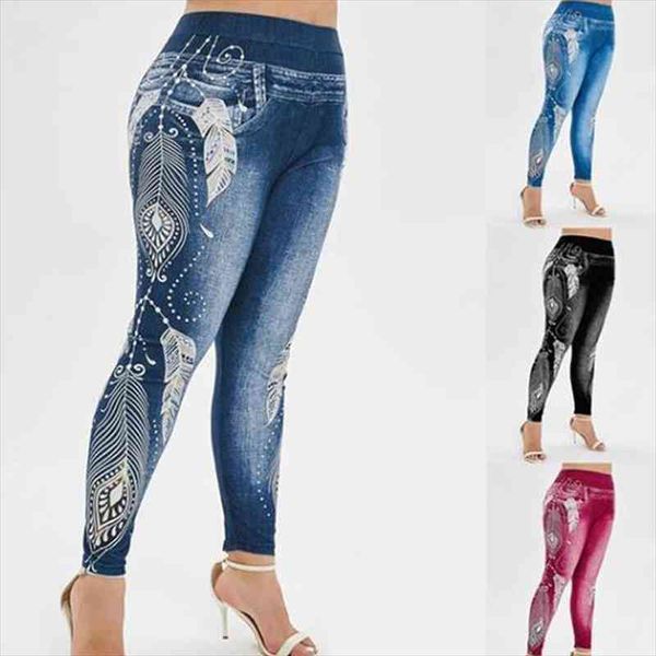 

womens leggings imitation jeans floral printing elastic waist pencil pants jeggings plus size legging ladies sweatpants trousers, Black