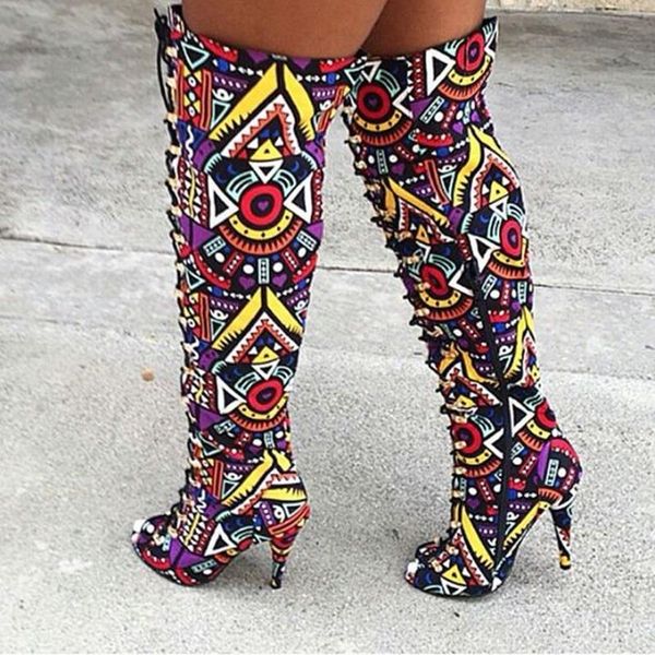 

boots women summer shoes 2021 multi folk printing thigh high mixed colors lace up ladies peep toe over the knee long, Black