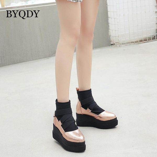 

boots byqdy fashion narrow band platform ankle wedges high heels shoes pointed toe patchwork women autumn booties champagne, Black