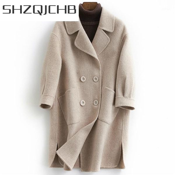 

autumn winter coat women double breasted coats female sided woolen jackets long spring elegant plaid clothes lwl1319 women's wool & ble, Black