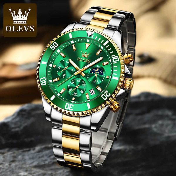

olevs watch for men luxury stainless steel quartz wristwatches sports waterproof dive green wristwatch 's watches 2870 210728, Slivery;brown