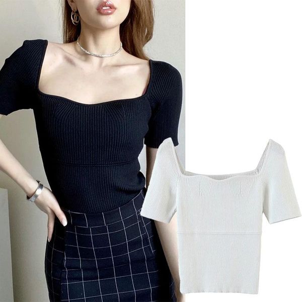 

summer 2021 women's fashion square neck slim thin knit sweater simple pure color short sleeve t-shirt black white