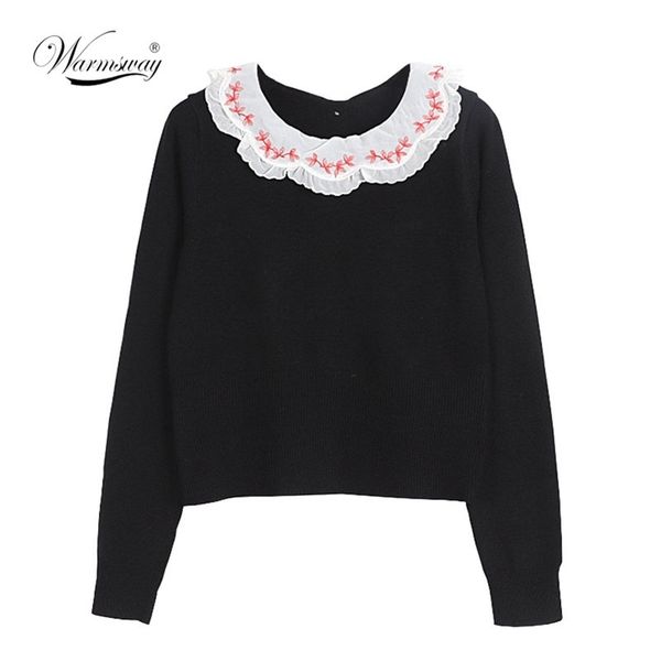 

spring autumn peter pan collar ladies knitted sweater single breasted back women pullover slim fit knitwear female b-015 210522, White;black