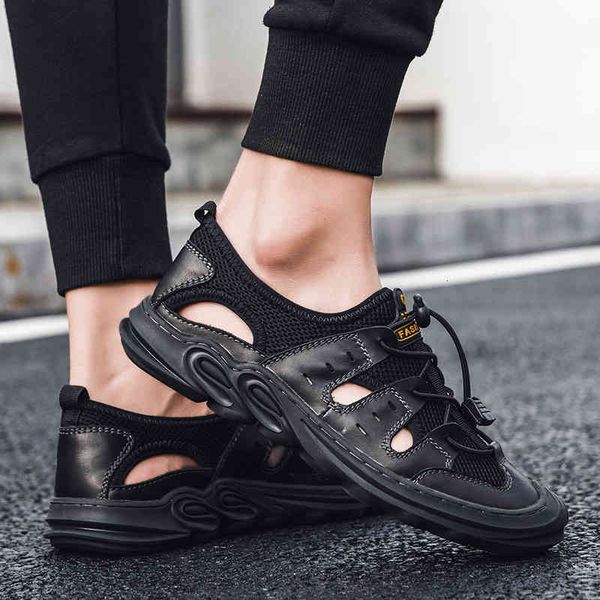 

slippers summer sandals men genuine leather classic roman slipper outdoor sneaker beach rubber water trekking casual vo05, Black