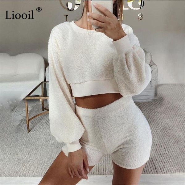 

women's tracksuits white plush two piece outfits set women tracksuit short sweatshirt and shorts streetwear high waist casual jogg, Gray